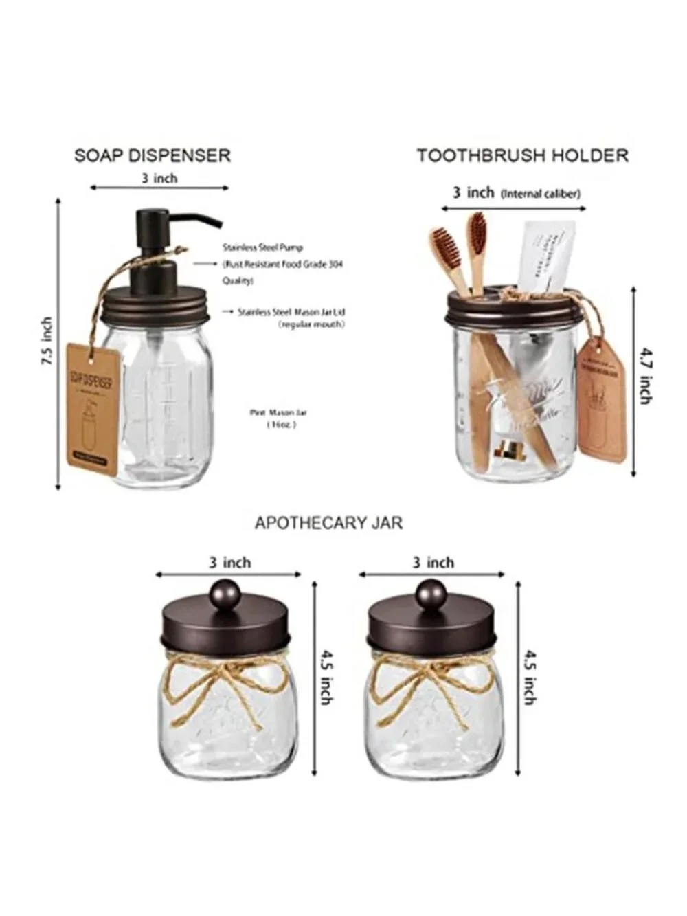 Mason Jar Bathroom Accessories Set,6Pcs Rustic Bathroom Set,Brown